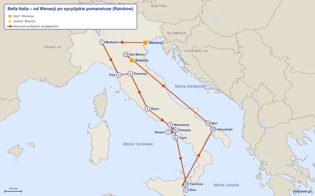 mapa trasy wycieczki Włoska Symfonia (dawniej Bella Italia) z Rainbow