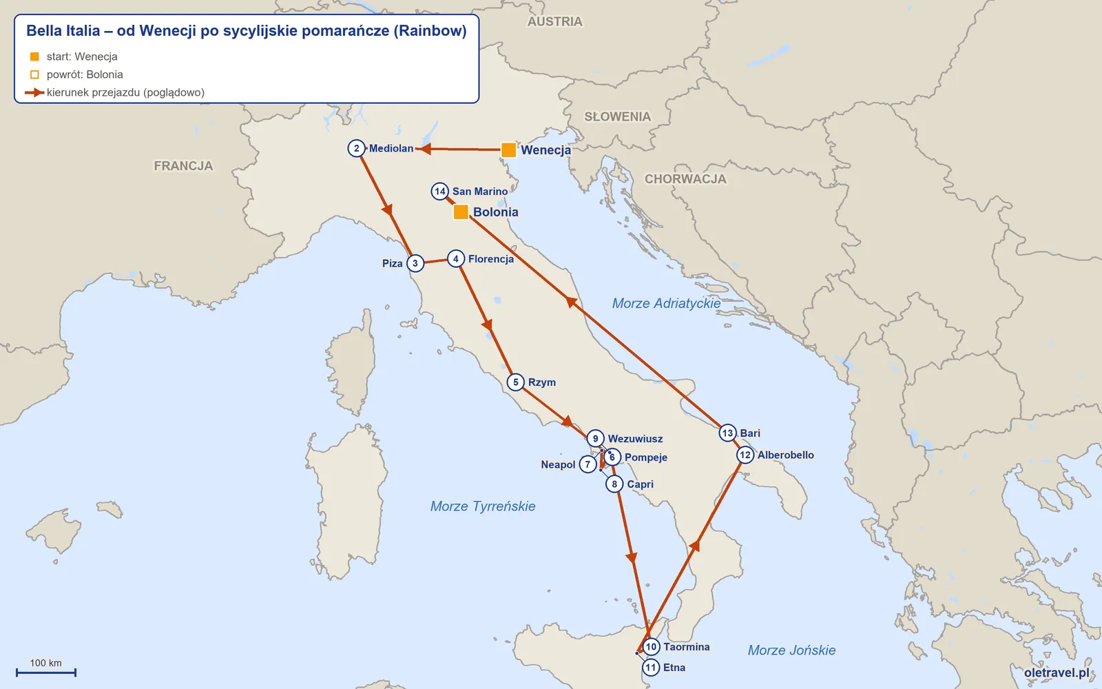 Mapa trasy wycieczki „Bella Italia – od Wenecji po sycylijskie pomarańcze” z Rainbow: Wenecja – Mediolan – Piza – Florencja – Rzym – Pompeje – Neapol – Capri – Wezuwiusz – Taormina – Etna – Alberobello – Bari – San Marino – Bolonia