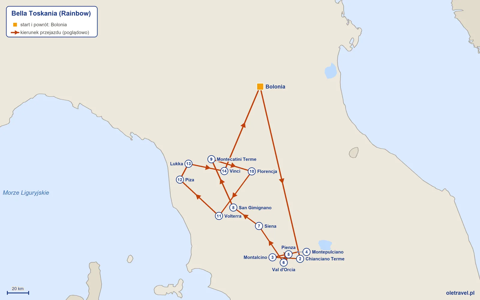Mapa trasy wycieczki „Bella Toskania” z Rainbow: Bolonia – Chianciano Terme – Montalcino – Montepulciano – Pienza – Val d'Orcia – Siena – San Gimignano – Montecatini Terme – Florencja – Volterra – Piza – Lukka – Vinci – Bolonia