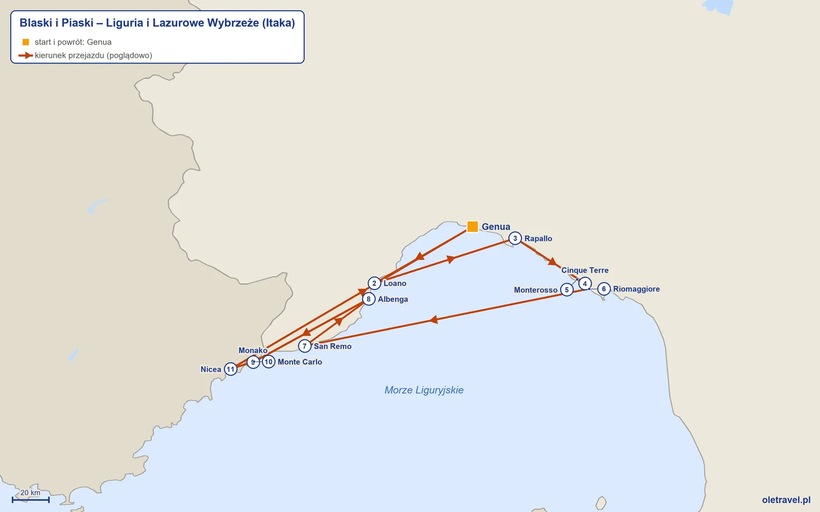 Mapa trasy wycieczki „Blaski i Piaski – Liguria i Lazurowe Wybrzeże” z Itaką: Genua – Loano – Rapallo – Cinque Terre – Monterosso – Riomaggiore – San Remo – Albenga – Monako – Monte Carlo – Nicea – Genua
