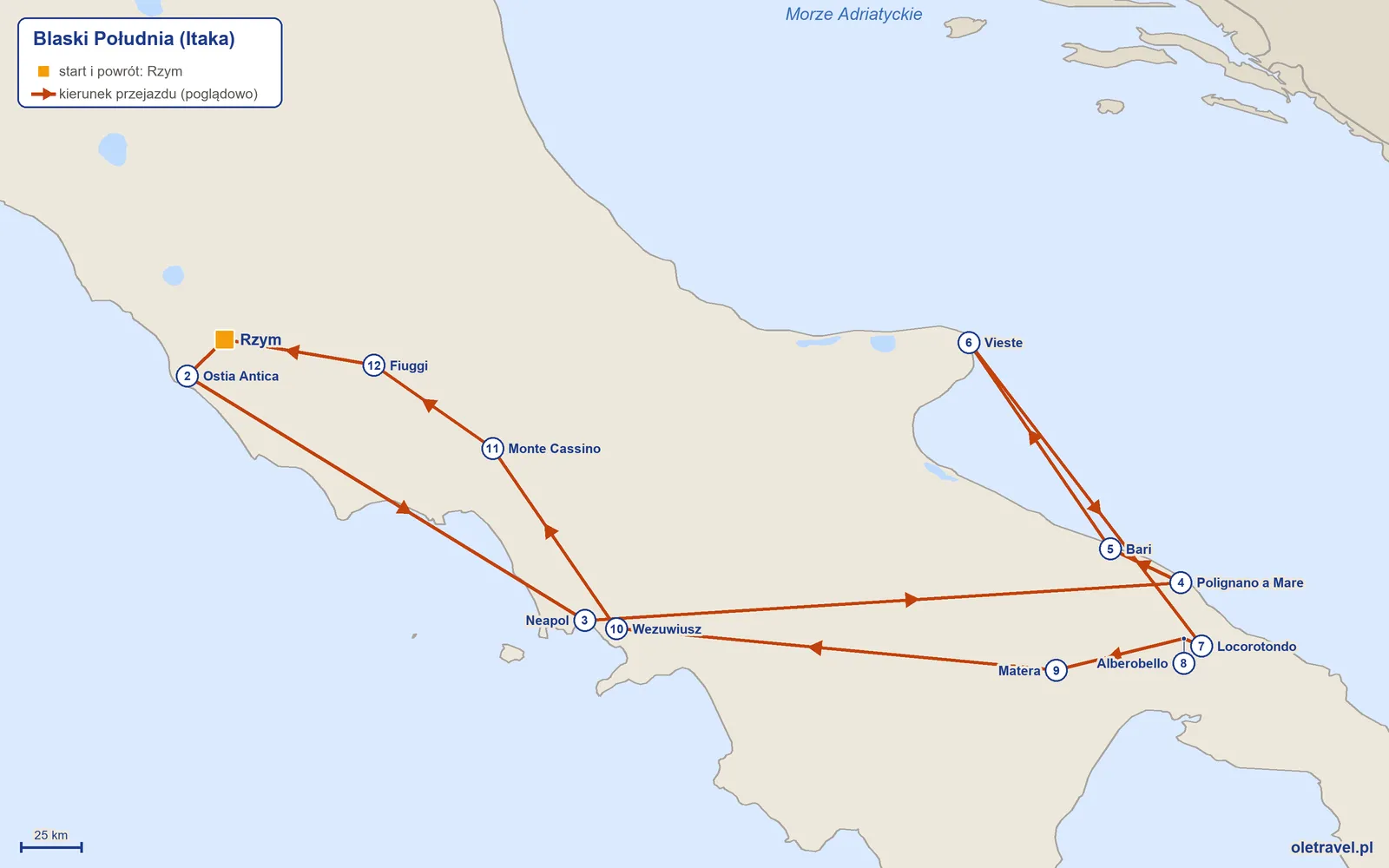 Mapa trasy wycieczki „Blaski Południa” z Itaką: Rzym – Ostia Antica – Neapol – Polignano a Mare – Bari – Vieste – Locorotondo – Alberobello – Matera – Wezuwiusz – Monte Cassino – Fiuggi – Rzym