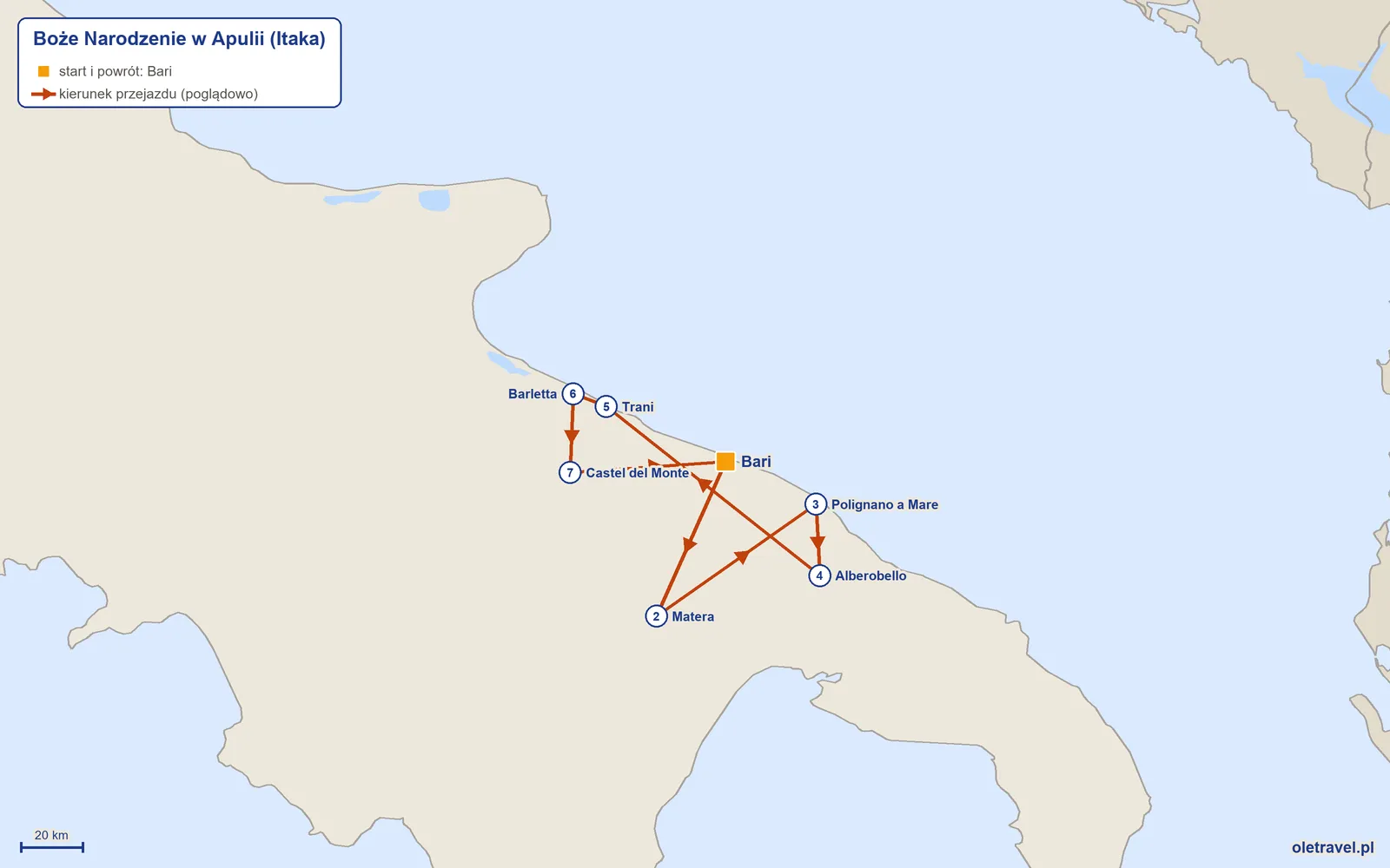 Mapa trasy wycieczki „Boże Narodzenie w Apulii” z Itaką: Bari – Matera – Polignano a Mare – Alberobello – Trani – Barletta – Castel del Monte – Bari