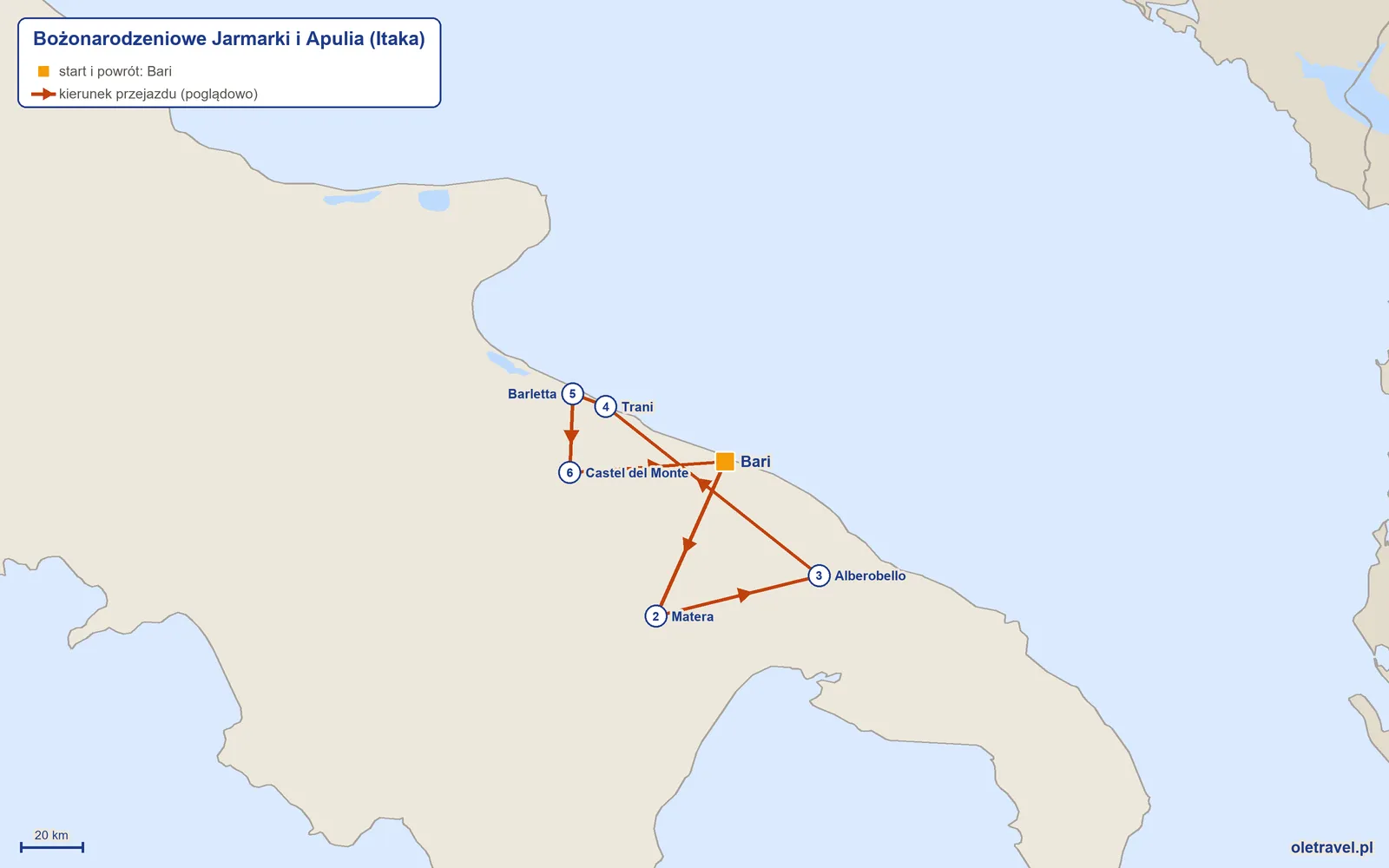 Mapa trasy wycieczki „Bożonarodzeniowe Jarmarki i Apulia” z Itaką: Bari – Matera – Alberobello – Trani – Barletta – Castel del Monte – Bari