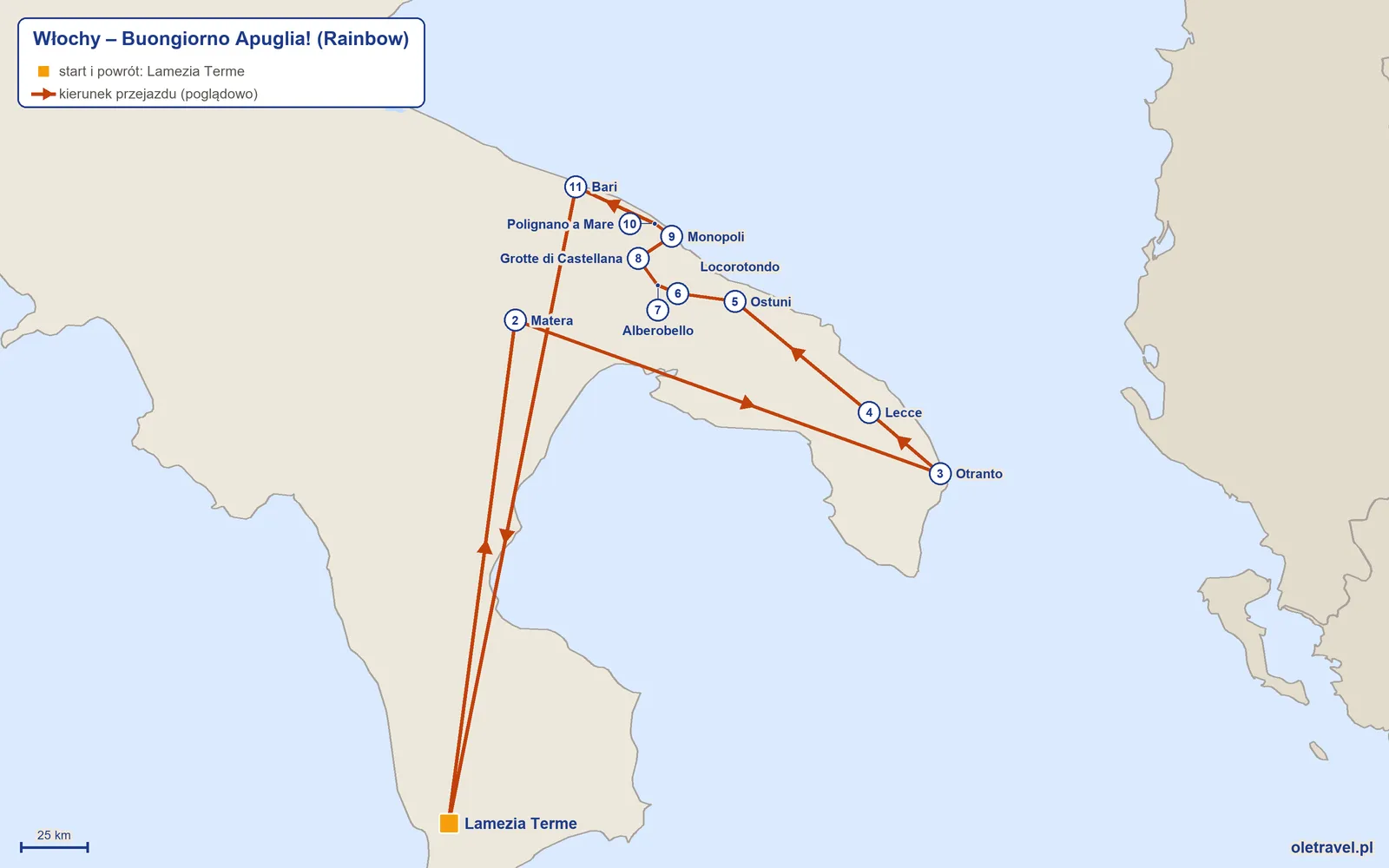 Mapa trasy wycieczki „Włochy – Buongiorno Apuglia!” z Rainbow: Lamezia Terme – Matera – Otranto – Lecce – Ostuni – Locorotondo – Alberobello – Grotte di Castellana – Monopoli – Polignano a Mare – Bari – Lamezia Terme