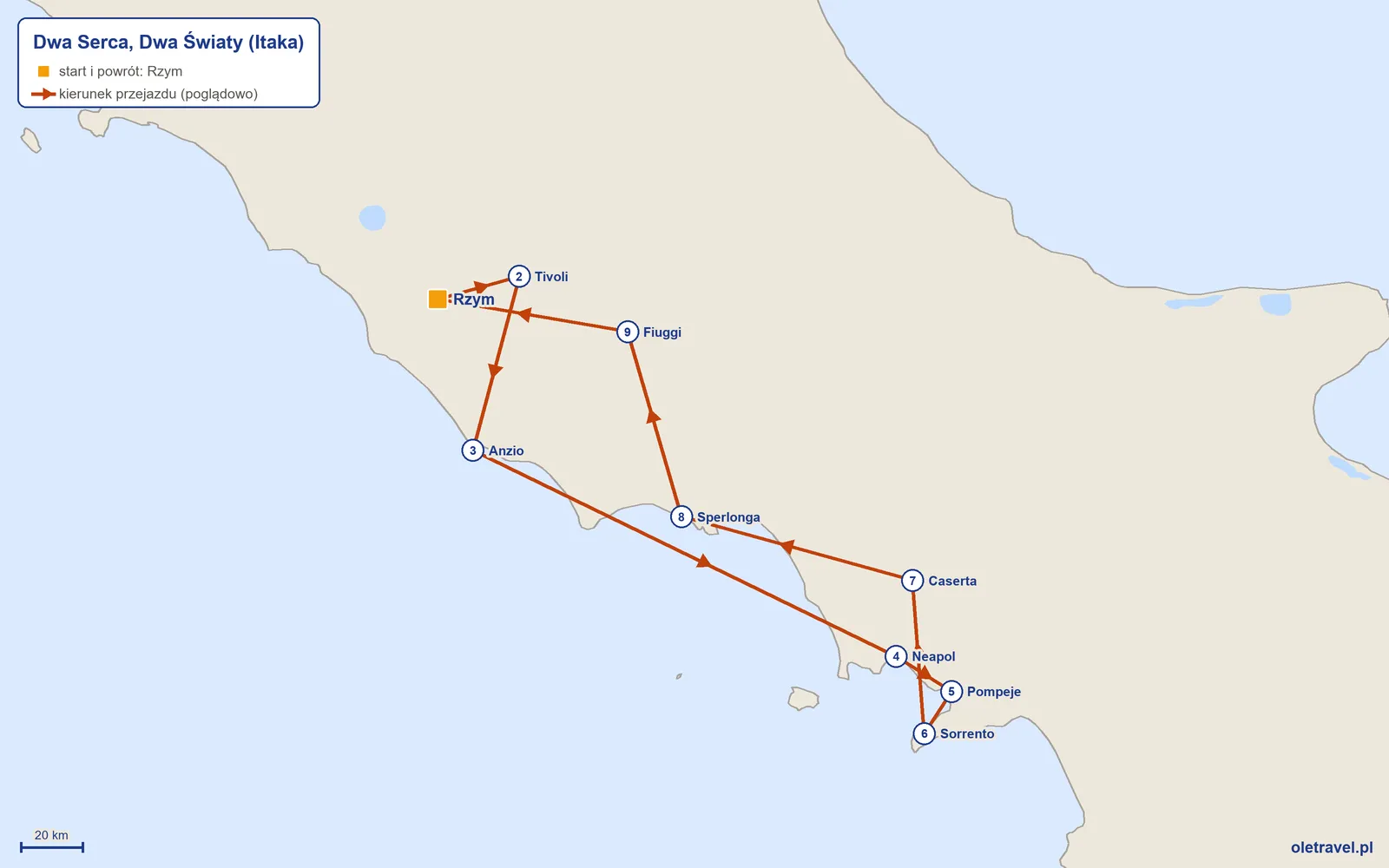 Mapa trasy wycieczki „Dwa Serca, Dwa Światy” z Itaką: Rzym – Tivoli – Anzio – Neapol – Pompeje – Sorrento – Caserta – Sperlonga – Fiuggi – Rzym