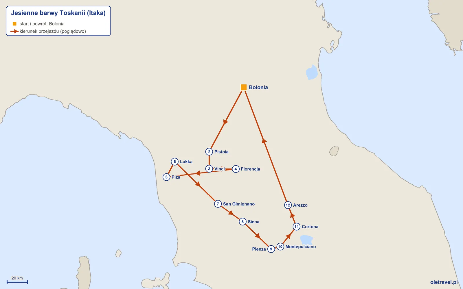 Mapa trasy wycieczki „Jesienne barwy Toskanii” z Itaką: Bolonia – Pistoia – Vinci – Florencja – Piza – Lukka – San Gimignano – Siena – Pienza – Montepulciano – Cortona – Arezzo – Bolonia