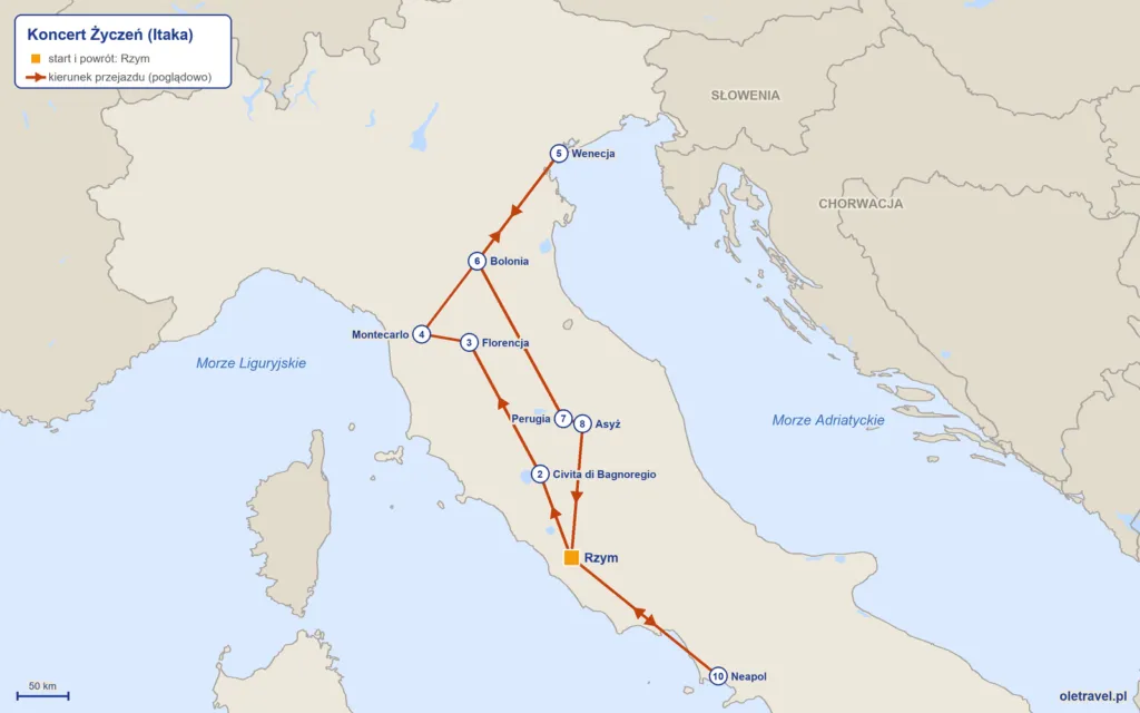 mapa trasy wycieczki Koncert Życzeń z Itaką