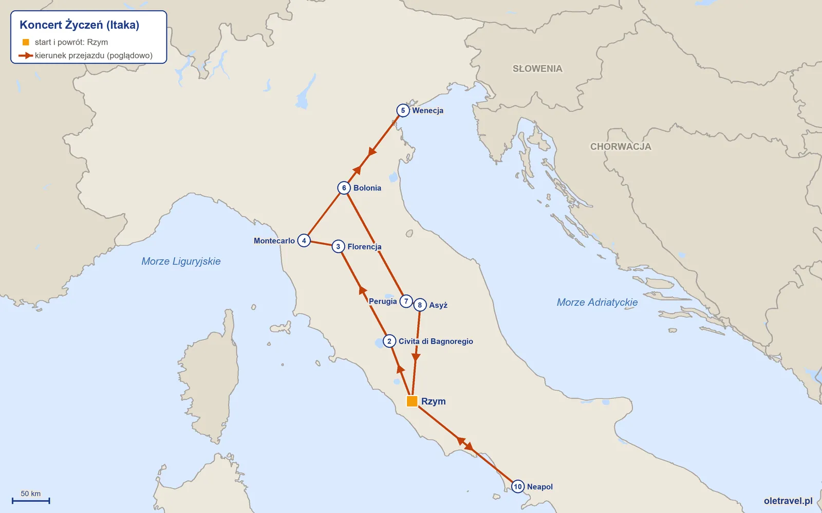 Mapa trasy wycieczki „Koncert Życzeń” z Itaką: Rzym – Civita di Bagnoregio – Florencja – Montecarlo – Wenecja – Bolonia – Perugia – Asyż – Rzym – Neapol – Rzym