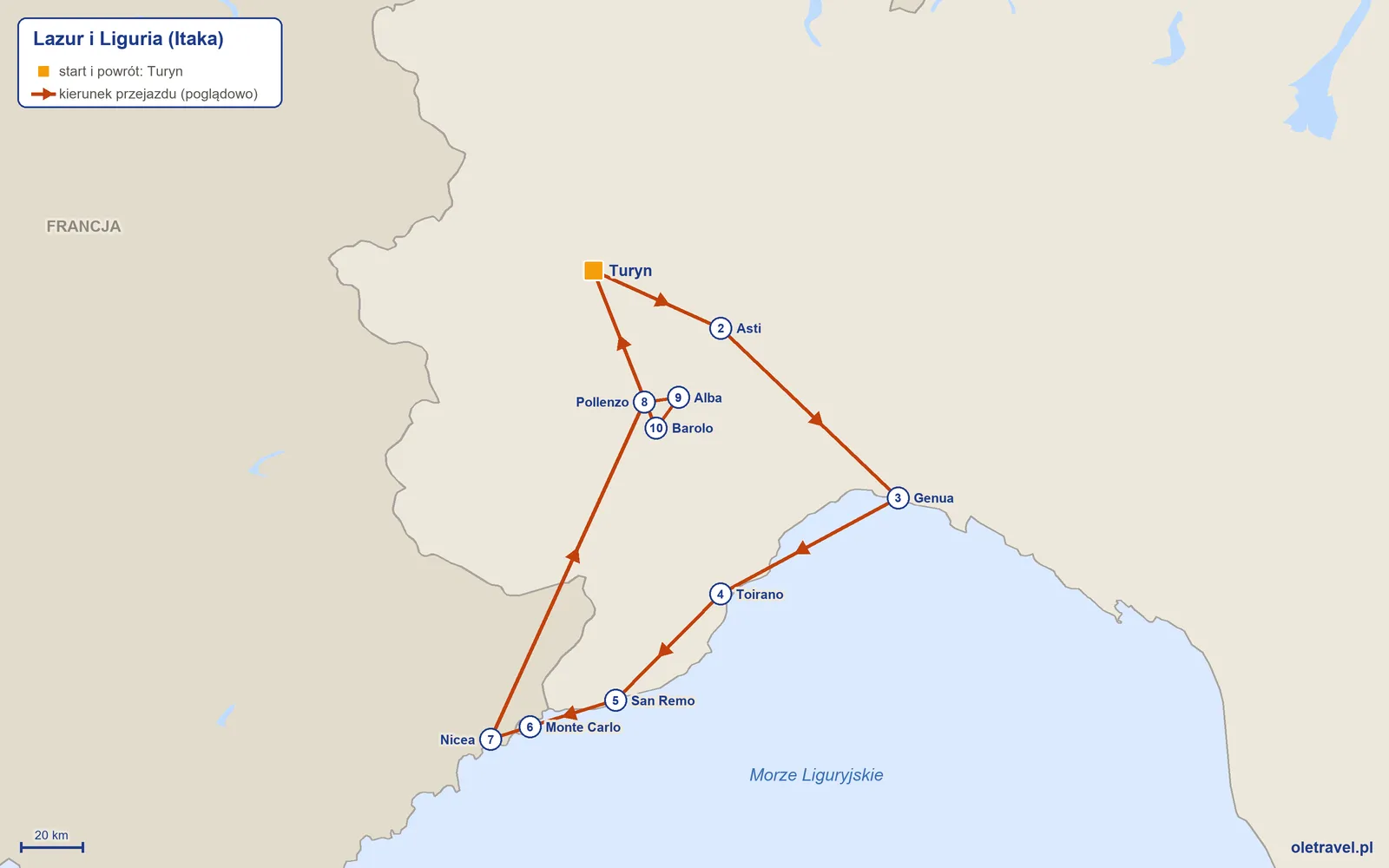 Mapa trasy wycieczki „Lazur i Liguria” z Itaką: Turyn – Asti – Genua – Toirano – San Remo – Monte Carlo – Nicea – Pollenzo – Alba – Barolo – Turyn