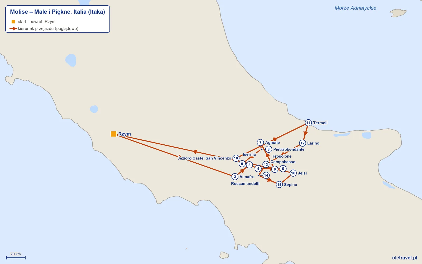 Mapa trasy wycieczki „Molise – Małe i Piękne. Italia” z Itaką: Rzym – Venafro – Isernia – Castelpetroso – Campobasso – Busso – Agnone – Pietrabbondante – Fornelli – Jezioro Castel San Vincenzo – Termoli – Larino – Frosolone – Roccamandolfi – Sepino – Jelsi – Rzym