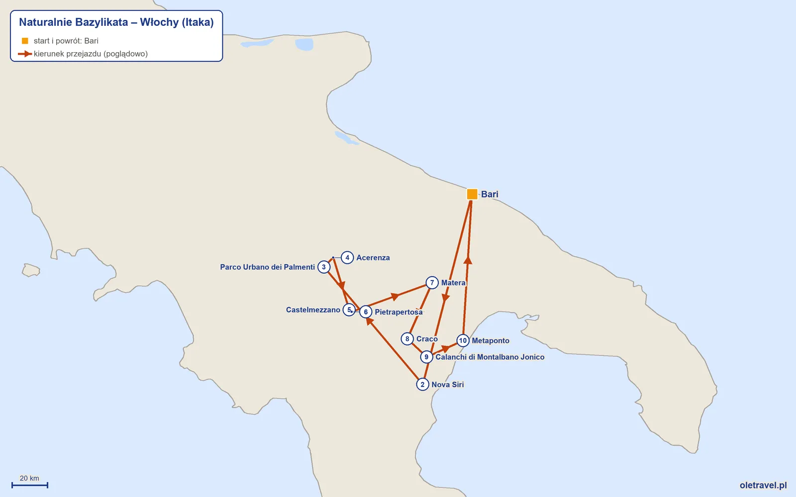 Mapa trasy wycieczki „Naturalnie Bazylikata – Włochy” z Itaką: Bari – Nova Siri – Parco Urbano dei Palmenti – Acerenza – Castelmezzano – Pietrapertosa – Matera – Craco – Calanchi di Montalbano Jonico – Metaponto – Bari