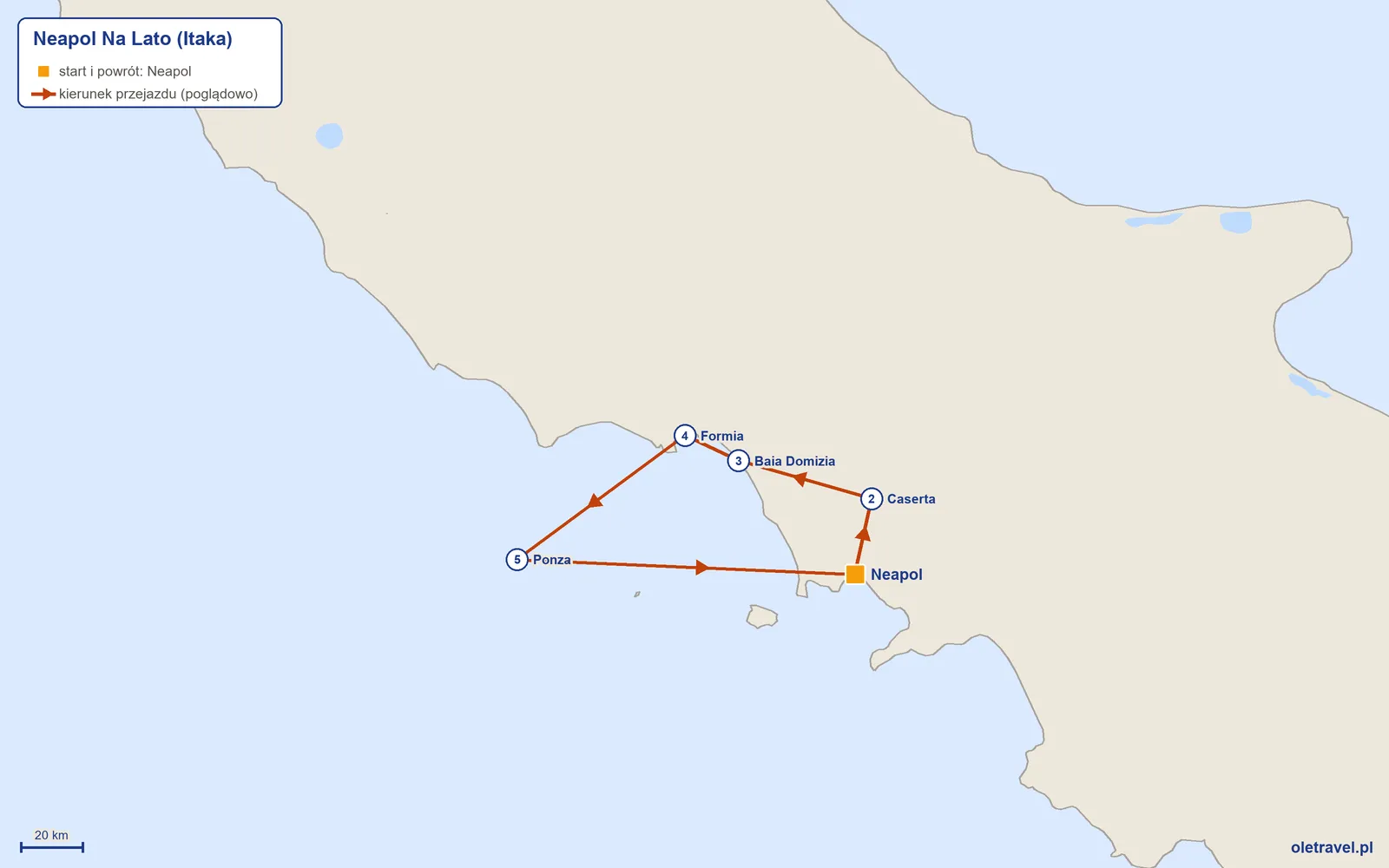 Mapa trasy wycieczki „Neapol Na Lato” z Itaką: Neapol – Caserta – Baia Domizia – Formia – Ponza – Neapol