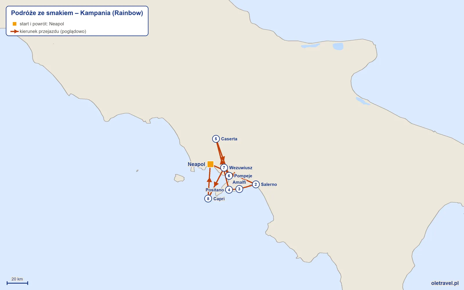 Mapa trasy wycieczki „Podróże ze smakiem – Kampania” z Rainbow: Neapol – Salerno – Amalfi – Positano – Caserta – Pompeje – Wezuwiusz – Capri – Neapol