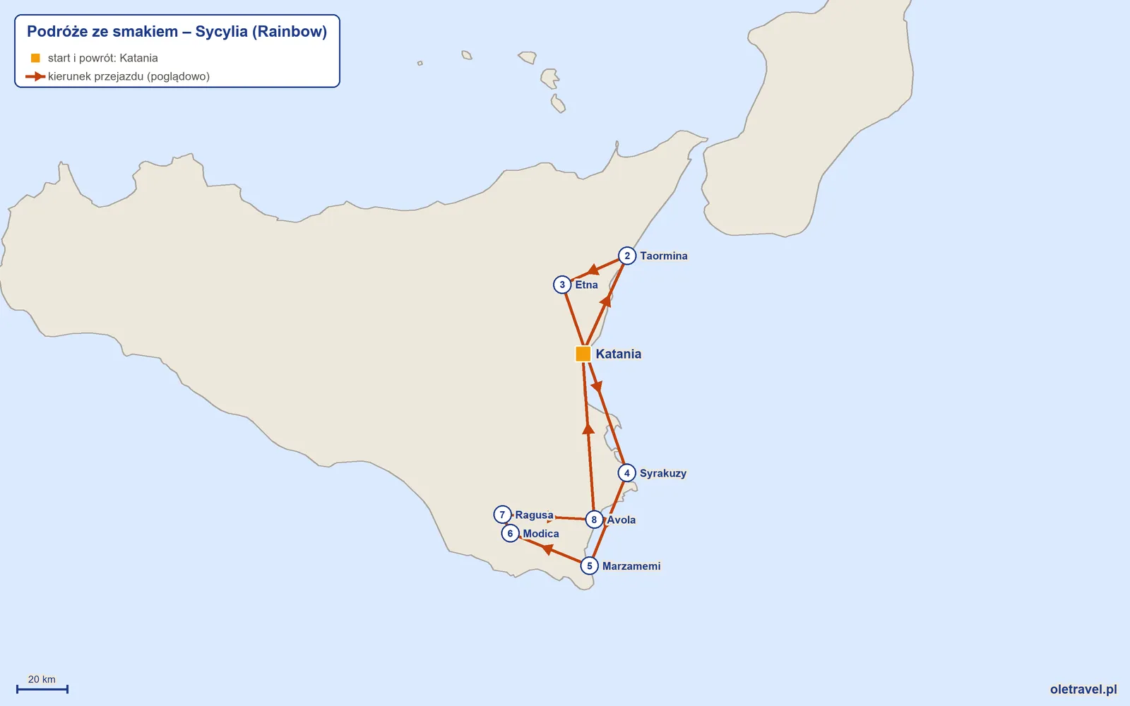 Mapa trasy wycieczki „Podróże ze smakiem – Sycylia” z Rainbow: Katania – Taormina – Etna – Syrakuzy – Marzamemi – Modica – Ragusa – Avola – Katania