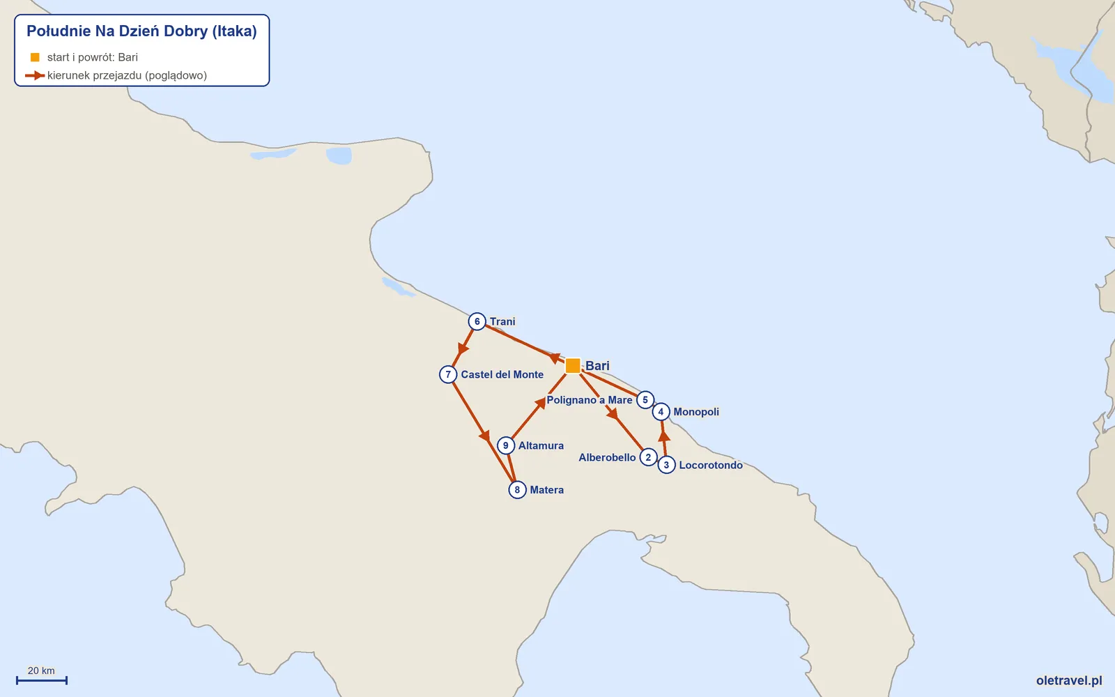 Mapa trasy wycieczki „Południe Na Dzień Dobry” z Itaką: Bari – Alberobello – Locorotondo – Monopoli – Polignano a Mare – Trani – Castel del Monte – Matera – Altamura – Bari