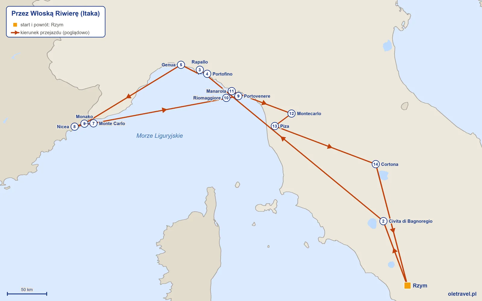 Mapa trasy wycieczki „Przez Włoską Riwierę” z Itaką: Rzym – Civita di Bagnoregio – Rapallo – Portofino – Genua – Monako – Monte Carlo – Nicea – Portovenere – Riomaggiore – Manarola – Montecarlo – Piza – Cortona – Rzym