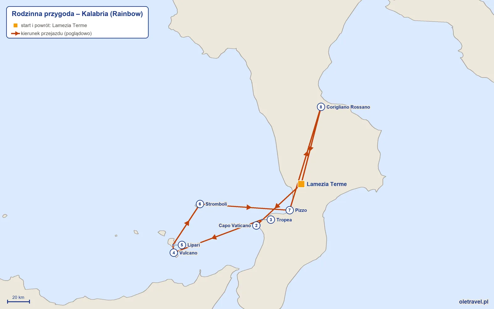 Mapa trasy wycieczki „Rodzinna przygoda – Kalabria” z Rainbow: Lamezia Terme – Capo Vaticano – Tropea – Vulcano – Lipari – Stromboli – Pizzo – Corigliano Rossano – Lamezia Terme