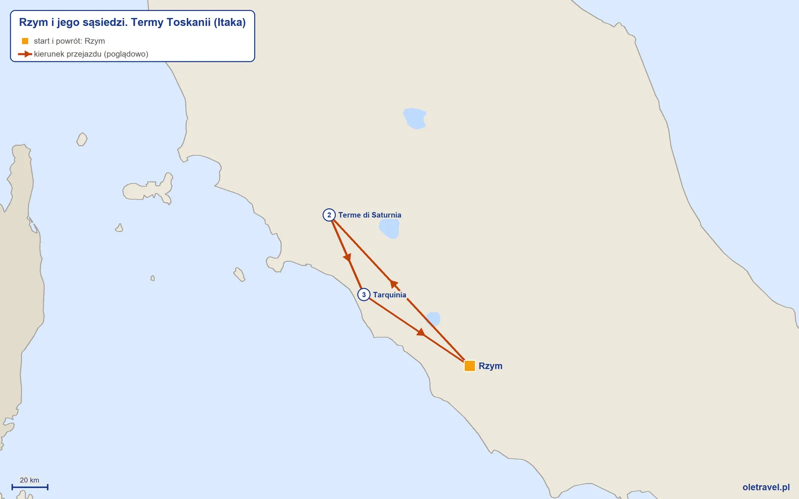 Mapa trasy wycieczki „Rzym i jego sąsiedzi. Termy Toskanii” z Itaką: Rzym – Terme di Saturnia – Tarquinia – Rzym