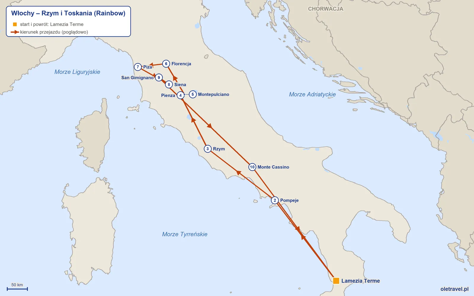 Mapa trasy wycieczki „Włochy – Rzym i Toskania” z Rainbow: Lamezia Terme – Pompeje – Rzym – Pienza – Montepulciano – Florencja – Piza – Siena – San Gimignano – Monte Cassino – Lamezia Terme