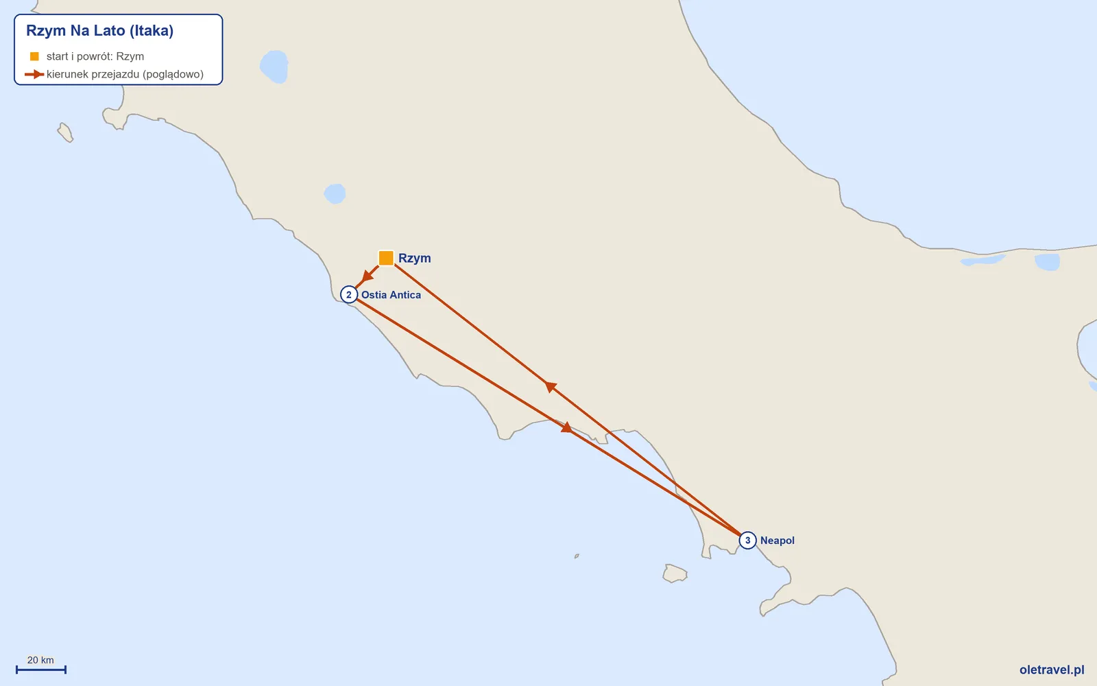 Mapa trasy wycieczki „Rzym Na Lato” z Itaką: Rzym – Ostia Antica – Neapol – Rzym