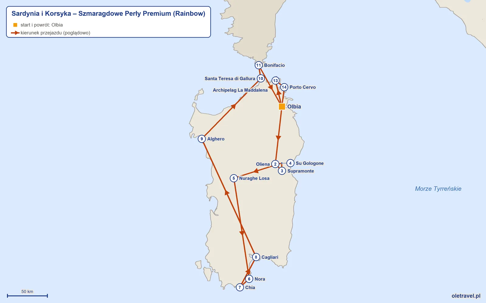 Mapa trasy wycieczki „Sardynia i Korsyka – Szmaragdowe Perły Premium” z Rainbow: Olbia – Oliena – Supramonte – Su Gologone – Nuraghe Losa – Nora – Chia – Cagliari – Alghero – Santa Teresa di Gallura – Bonifacio – Olbia – Archipelag La Maddalena – Porto Cervo – Olbia