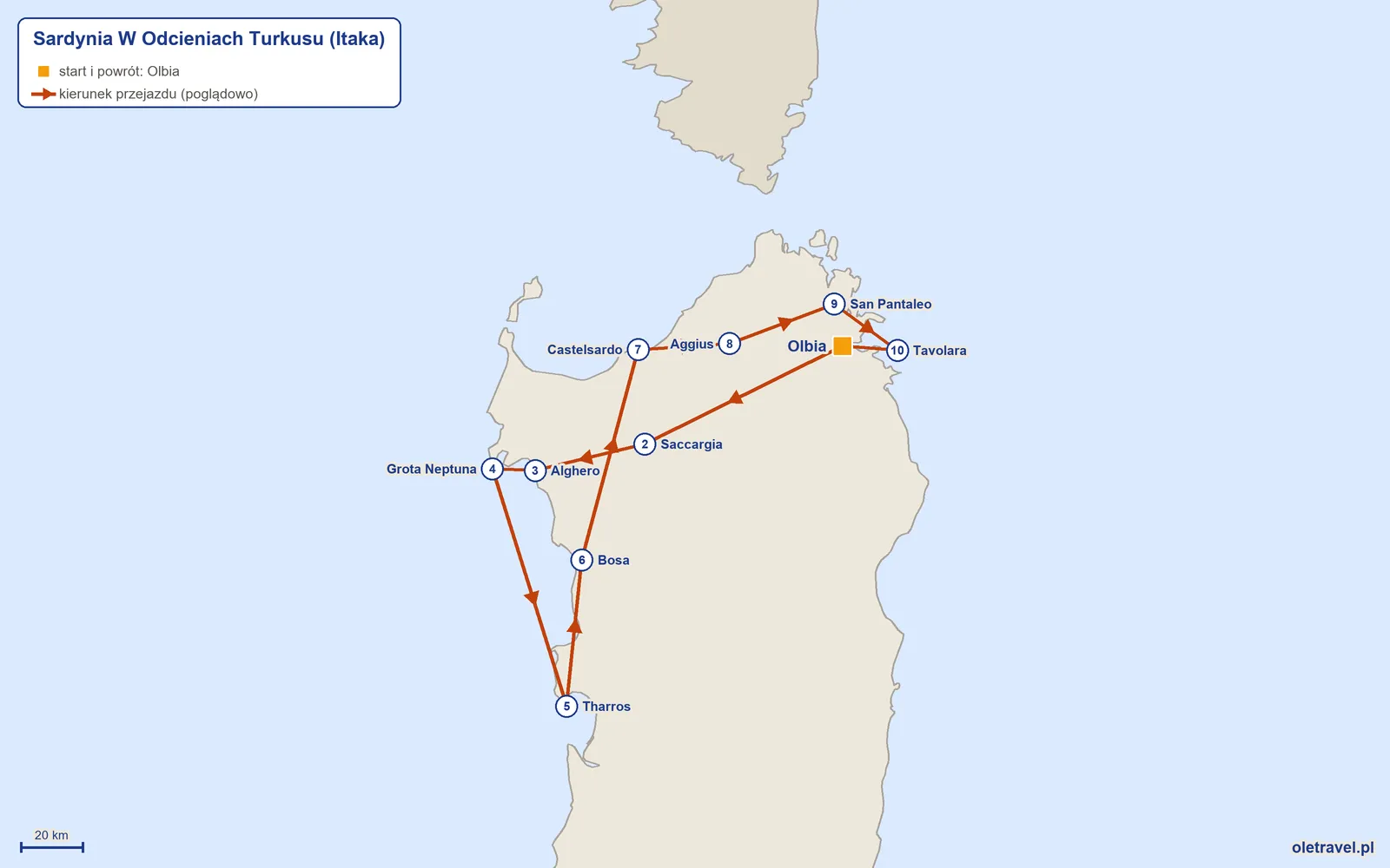 Mapa trasy wycieczki „Sardynia W Odcieniach Turkusu” z Itaką: Olbia – Saccargia – Alghero – Grota Neptuna – Tharros – Bosa – Castelsardo – Aggius – San Pantaleo – Tavolara – Olbia