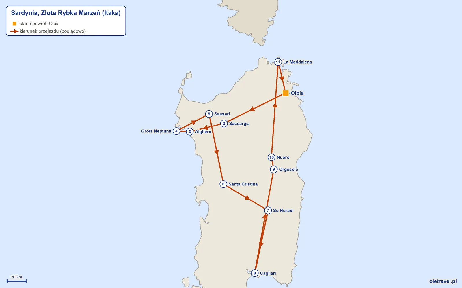 Mapa trasy wycieczki „Sardynia, Złota Rybka Marzeń” z Itaką: Olbia – Saccargia – Alghero – Grota Neptuna – Sassari – Santa Cristina – Su Nuraxi – Cagliari – Orgosolo – Nuoro – La Maddalena – Olbia