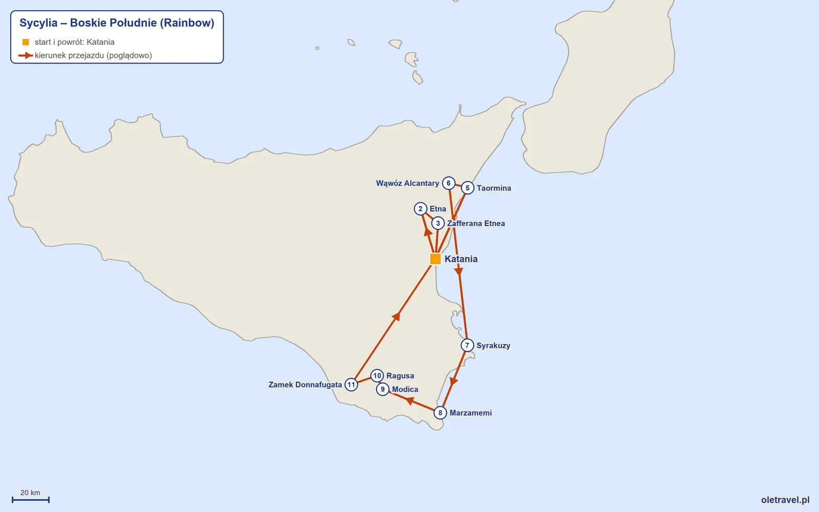 Mapa trasy wycieczki „Sycylia – Boskie Południe” z Rainbow: Katania – Etna – Zafferana Etnea – Katania – Taormina – Wąwóz Alcantary – Syrakuzy – Marzamemi – Modica – Ragusa – Zamek Donnafugata – Katania