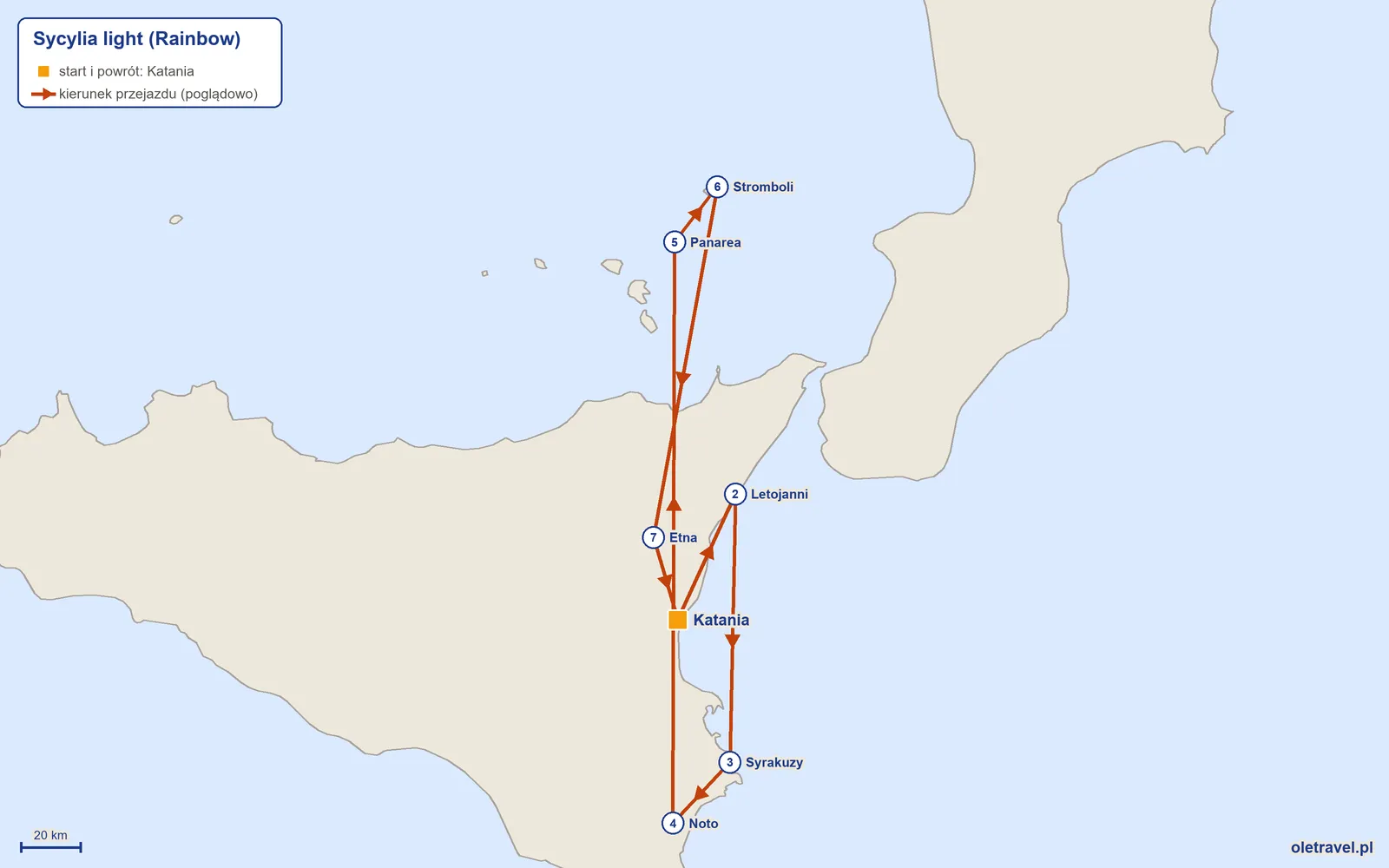 Mapa trasy wycieczki „Sycylia light” z Rainbow: Katania – Letojanni – Syrakuzy – Noto – Panarea – Stromboli – Etna – Katania