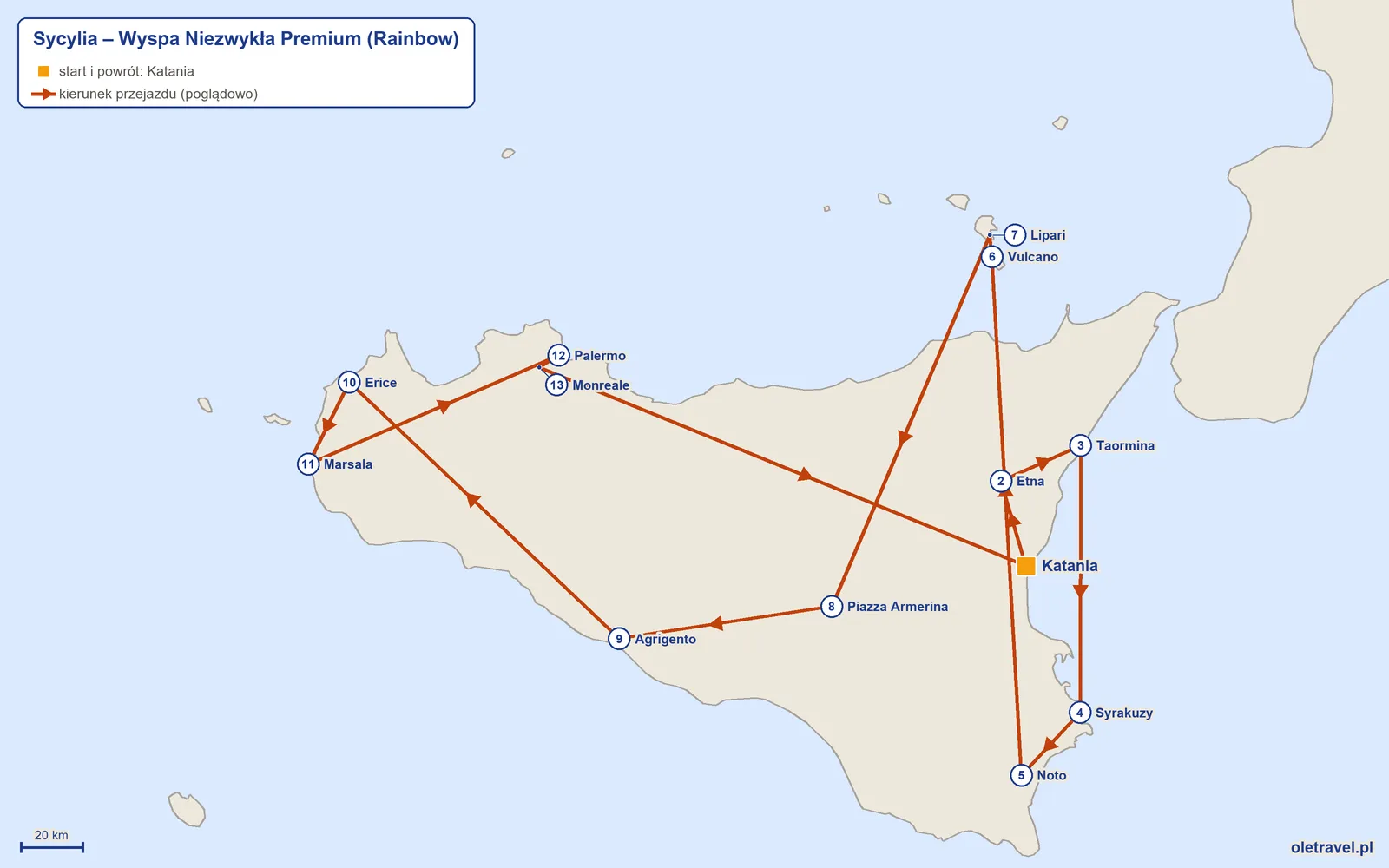 Mapa trasy wycieczki „Sycylia – Wyspa Niezwykła Premium” z Rainbow: Katania – Etna – Taormina – Syrakuzy – Noto – Vulcano – Lipari – Piazza Armerina – Agrigento – Erice – Marsala – Palermo – Monreale – Katania
