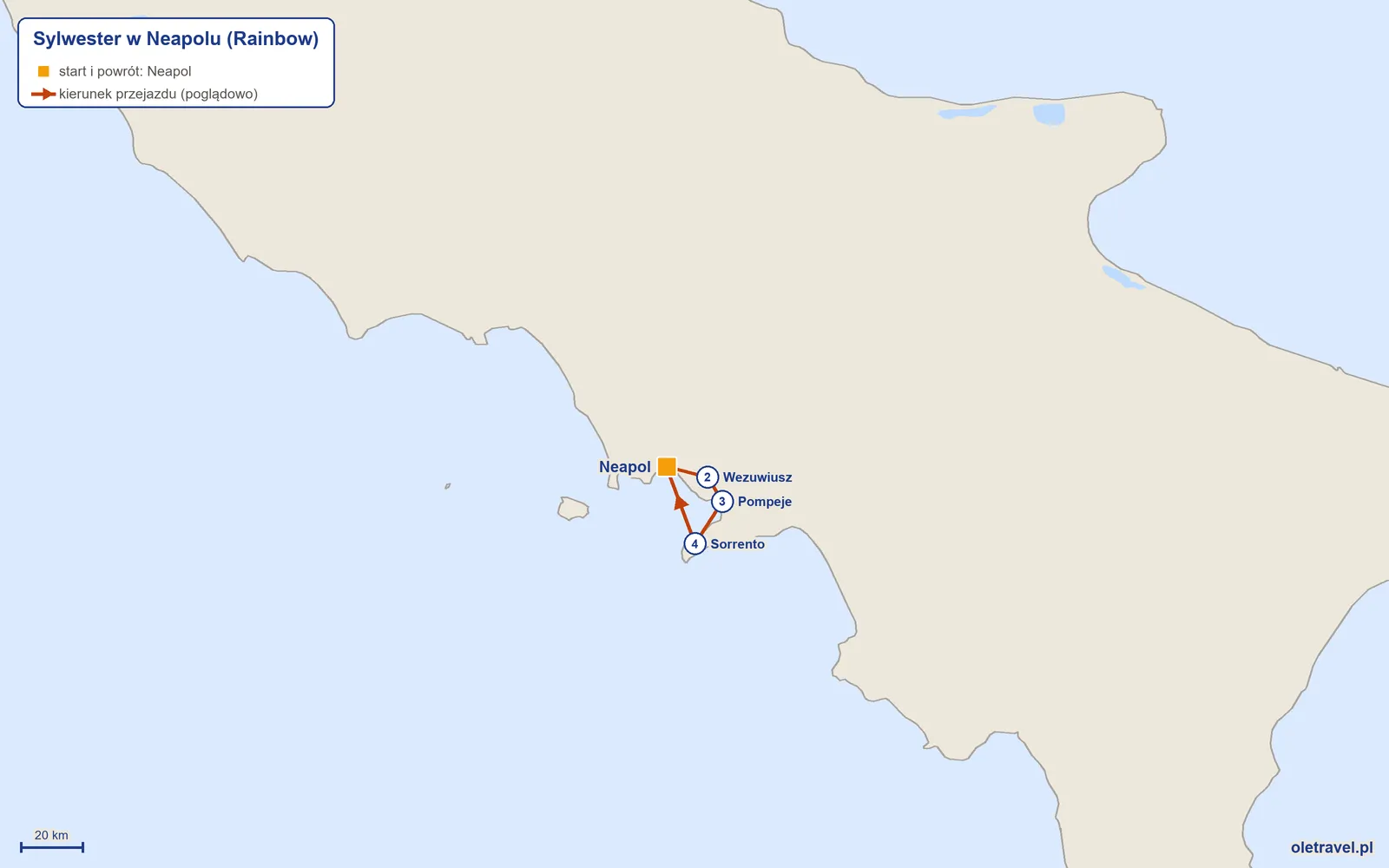Mapa trasy wycieczki „Sylwester w Neapolu” z Rainbow: Neapol – Wezuwiusz – Pompeje – Sorrento – Neapol