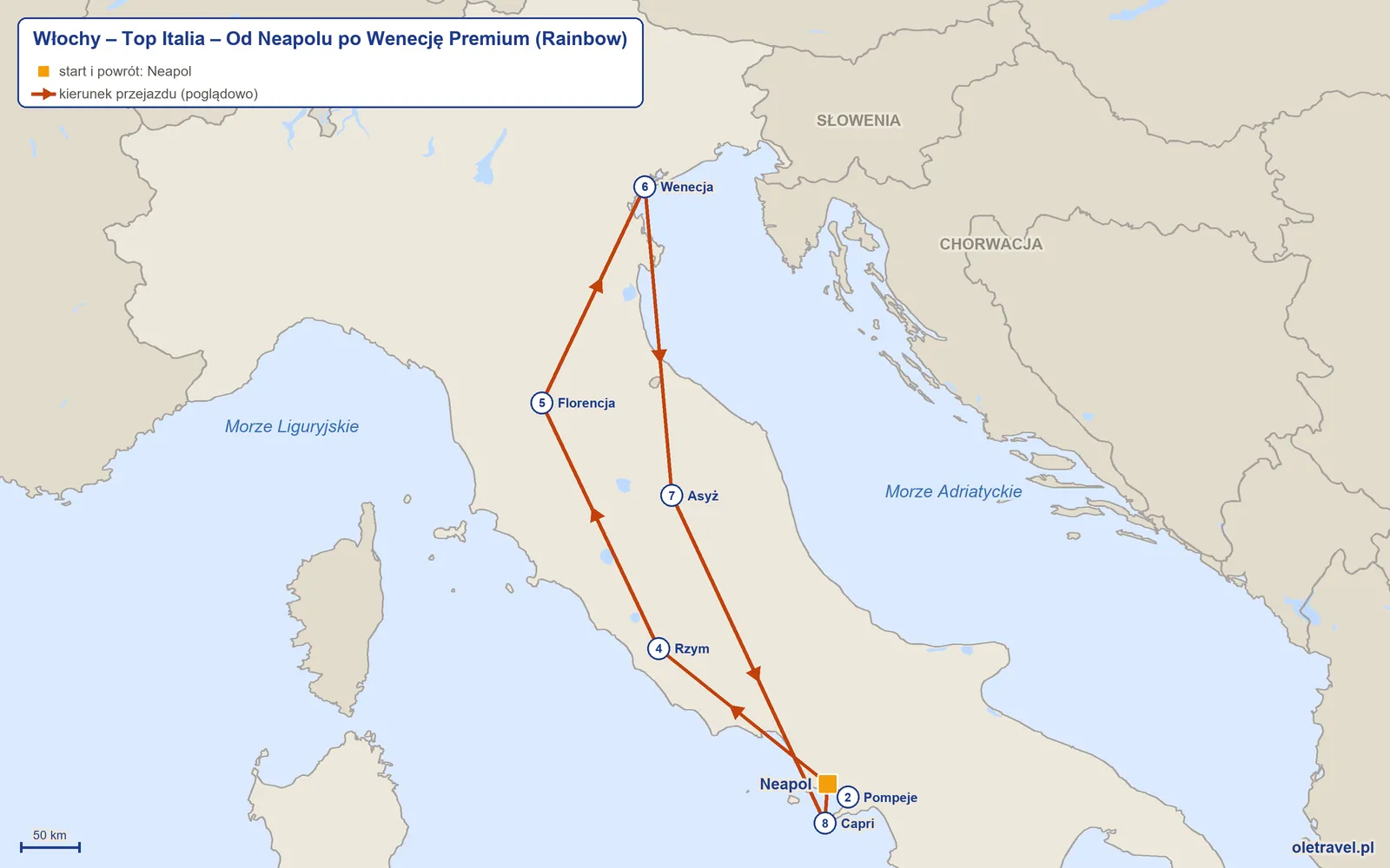Mapa trasy wycieczki „Włochy – Top Italia – Od Neapolu po Wenecję Premium” z Rainbow: Neapol – Pompeje – Neapol – Rzym – Florencja – Wenecja – Asyż – Capri – Neapol