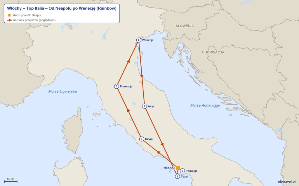 mapa trasy wycieczki Top Italia – Od Neapolu po Wenecję z Rainbow