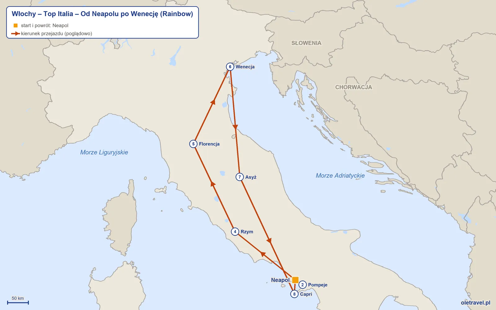 Mapa trasy wycieczki „Włochy – Top Italia – Od Neapolu po Wenecję” z Rainbow: Neapol – Pompeje – Neapol – Rzym – Florencja – Wenecja – Asyż – Capri – Neapol