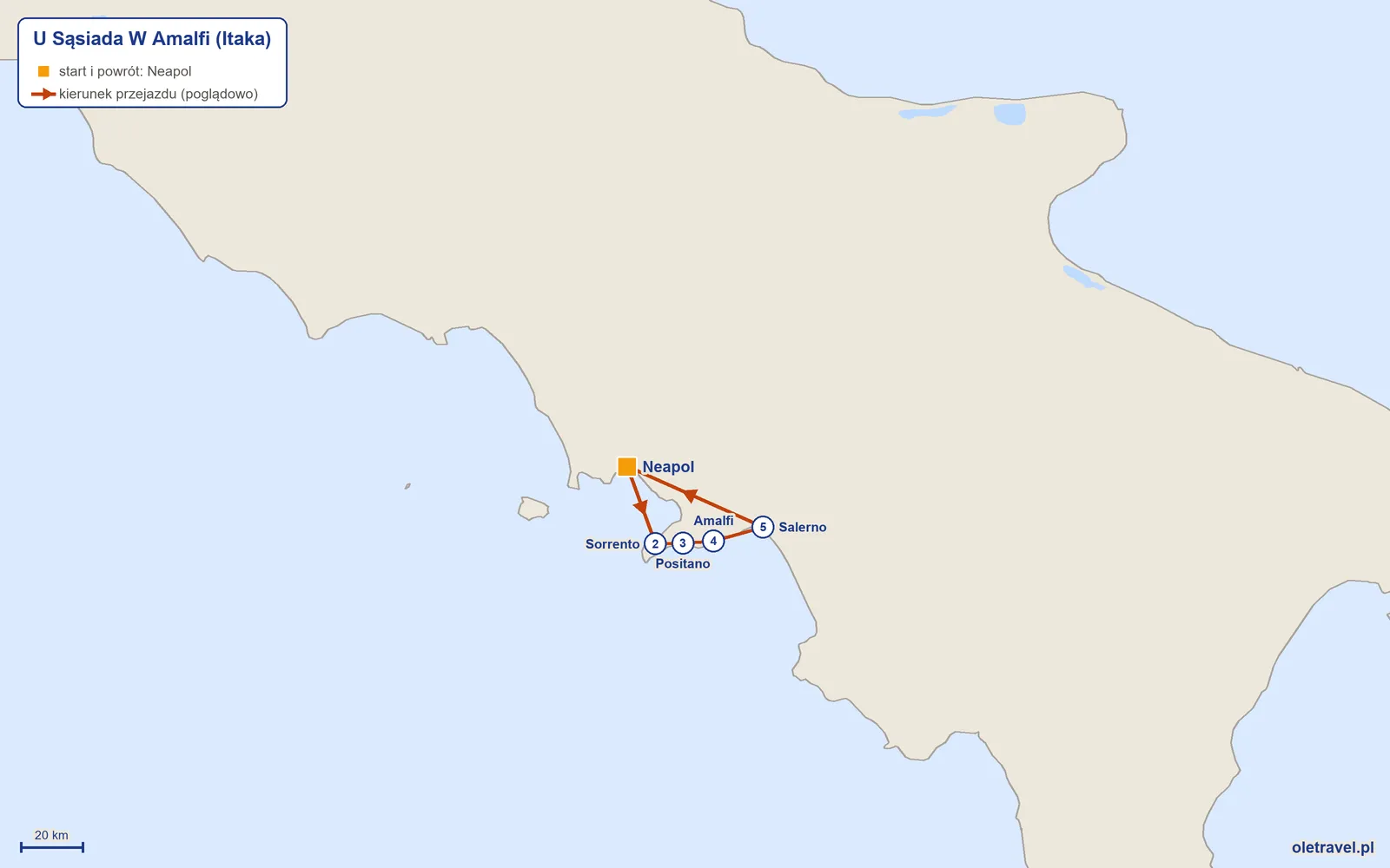 Mapa trasy wycieczki „U Sąsiada W Amalfi” z Itaką: Neapol – Sorrento – Positano – Amalfi – Salerno – Neapol