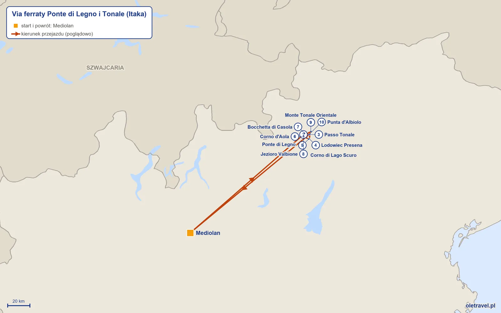 Mapa trasy wycieczki „Via ferraty Ponte di Legno i Tonale” z Itaką: Mediolan – Ponte di Legno – Passo Tonale – Lodowiec Presena – Corno di Lago Scuro – Corno d'Aola – Bocchetta di Casola – Jezioro Valbione – Monte Tonale Orientale – Punta d'Albiolo – Mediolan