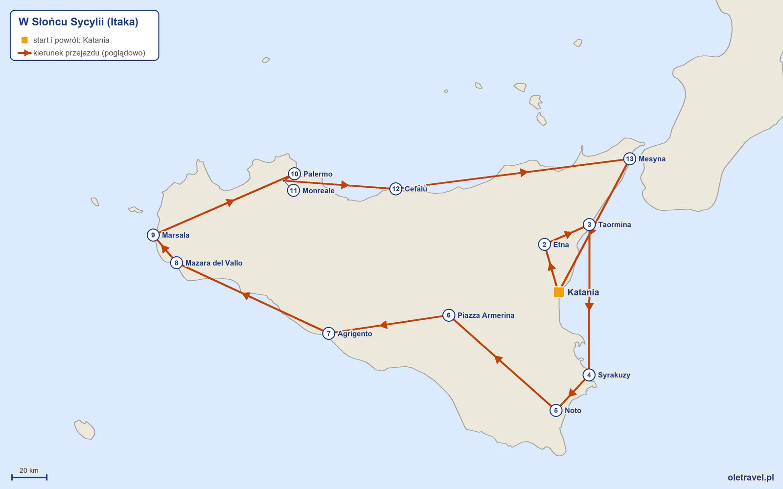 Mapa trasy wycieczki „W Słońcu Sycylii” z Itaką: Katania – Etna – Taormina – Syrakuzy – Noto – Piazza Armerina – Agrigento – Mazara del Vallo – Marsala – Palermo – Monreale – Cefalù – Mesyna – Katania