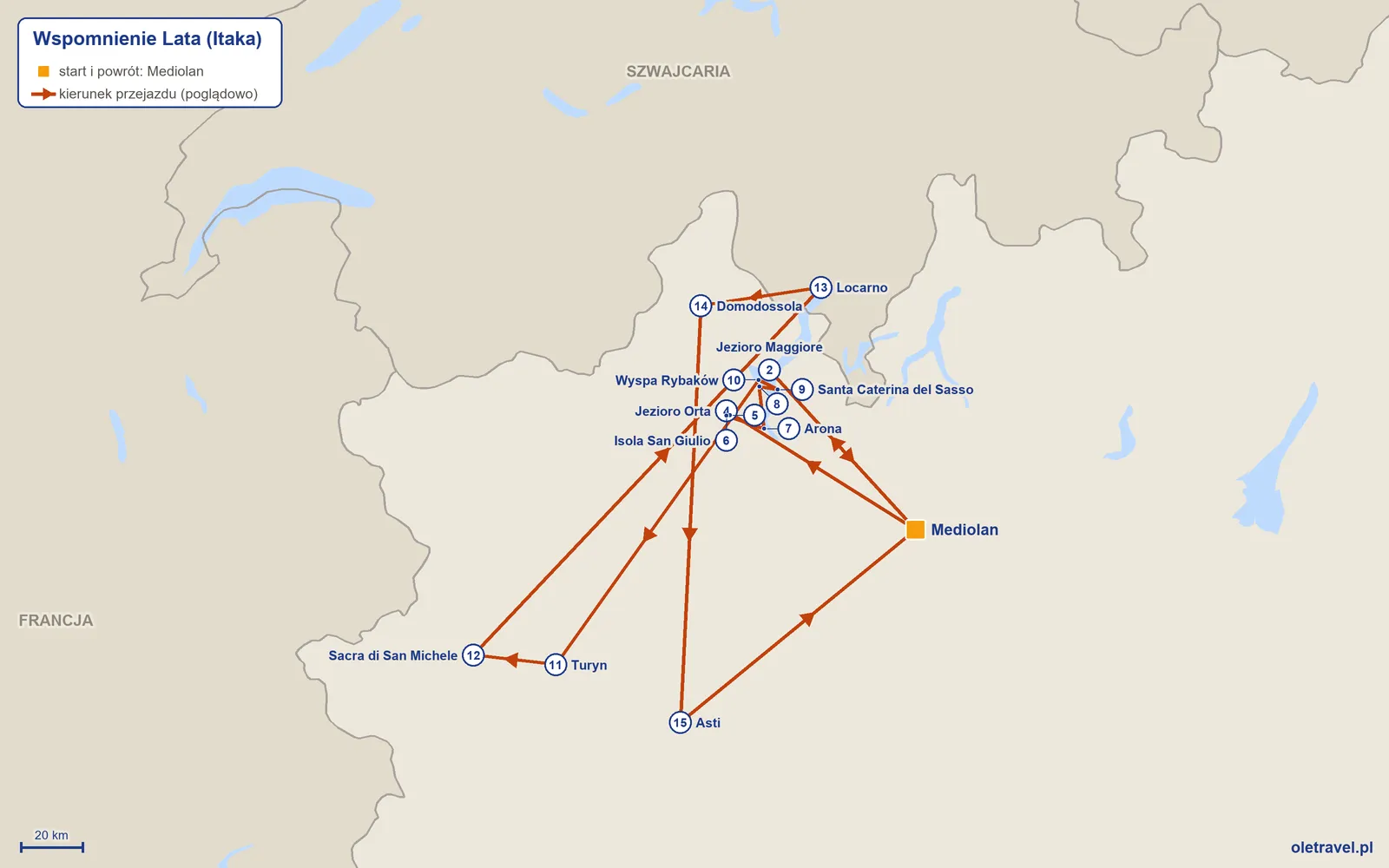 Mapa trasy wycieczki „Wspomnienie Lata” z Itaką: Mediolan – Jezioro Maggiore – Mediolan – Jezioro Orta – Orta San Giulio – Isola San Giulio – Arona – Stresa – Santa Caterina del Sasso – Wyspa Rybaków – Turyn – Sacra di San Michele – Locarno – Domodossola – Asti – Mediolan