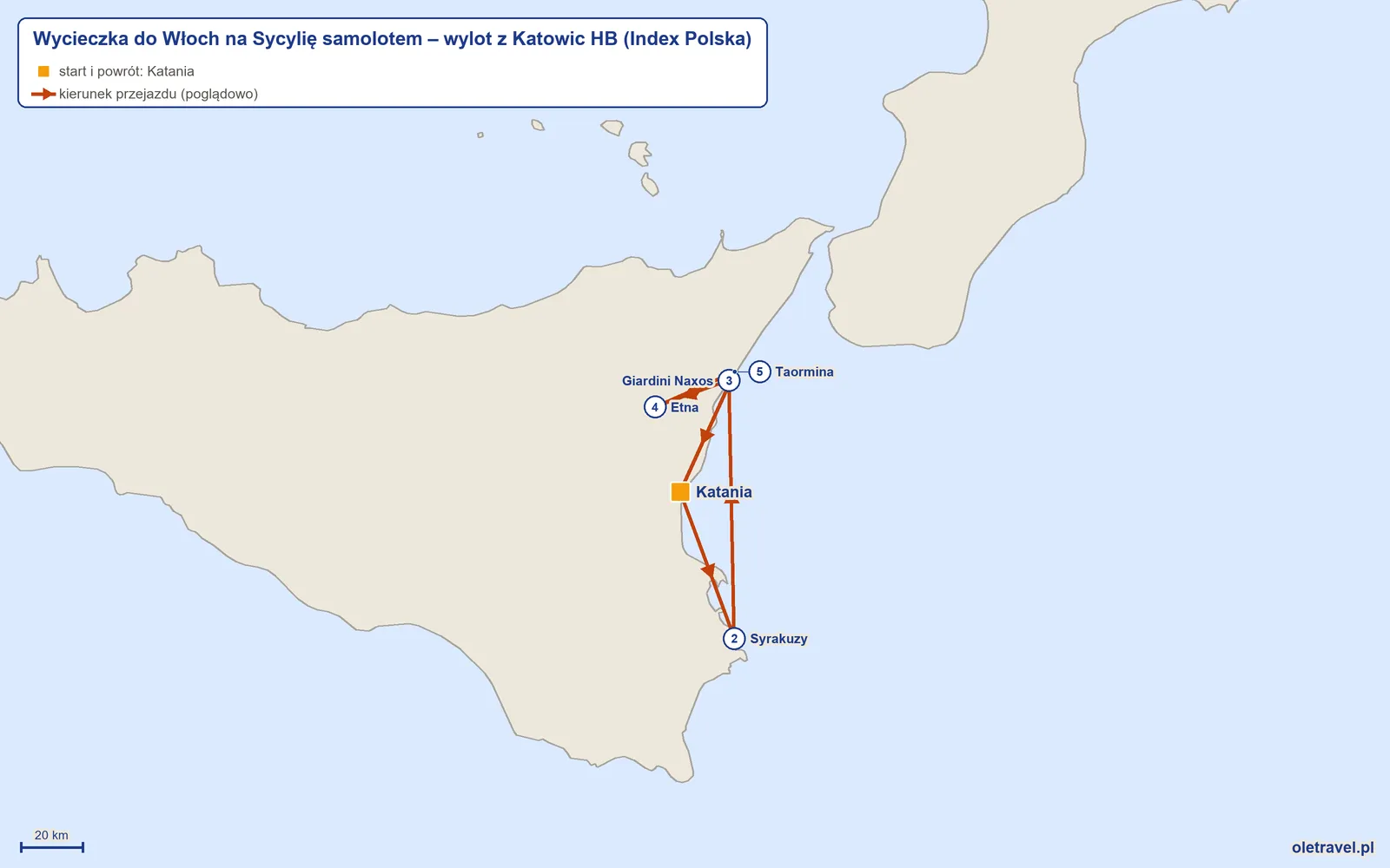 Mapa trasy wycieczki „Wycieczka do Włoch na Sycylię samolotem – wylot z Katowic HB” z Index Polska: Katania – Syrakuzy – Giardini Naxos – Etna – Taormina – Katania