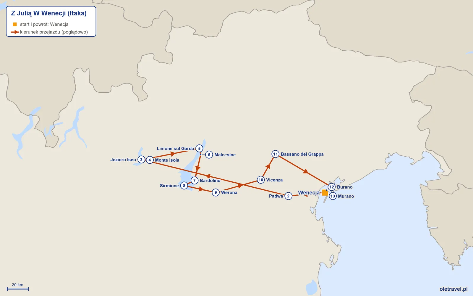 Mapa trasy wycieczki „Z Julią W Wenecji” z Itaką: Wenecja – Padwa – Jezioro Iseo – Monte Isola – Limone sul Garda – Malcesine – Bardolino – Sirmione – Werona – Vicenza – Bassano del Grappa – Burano – Murano – Wenecja