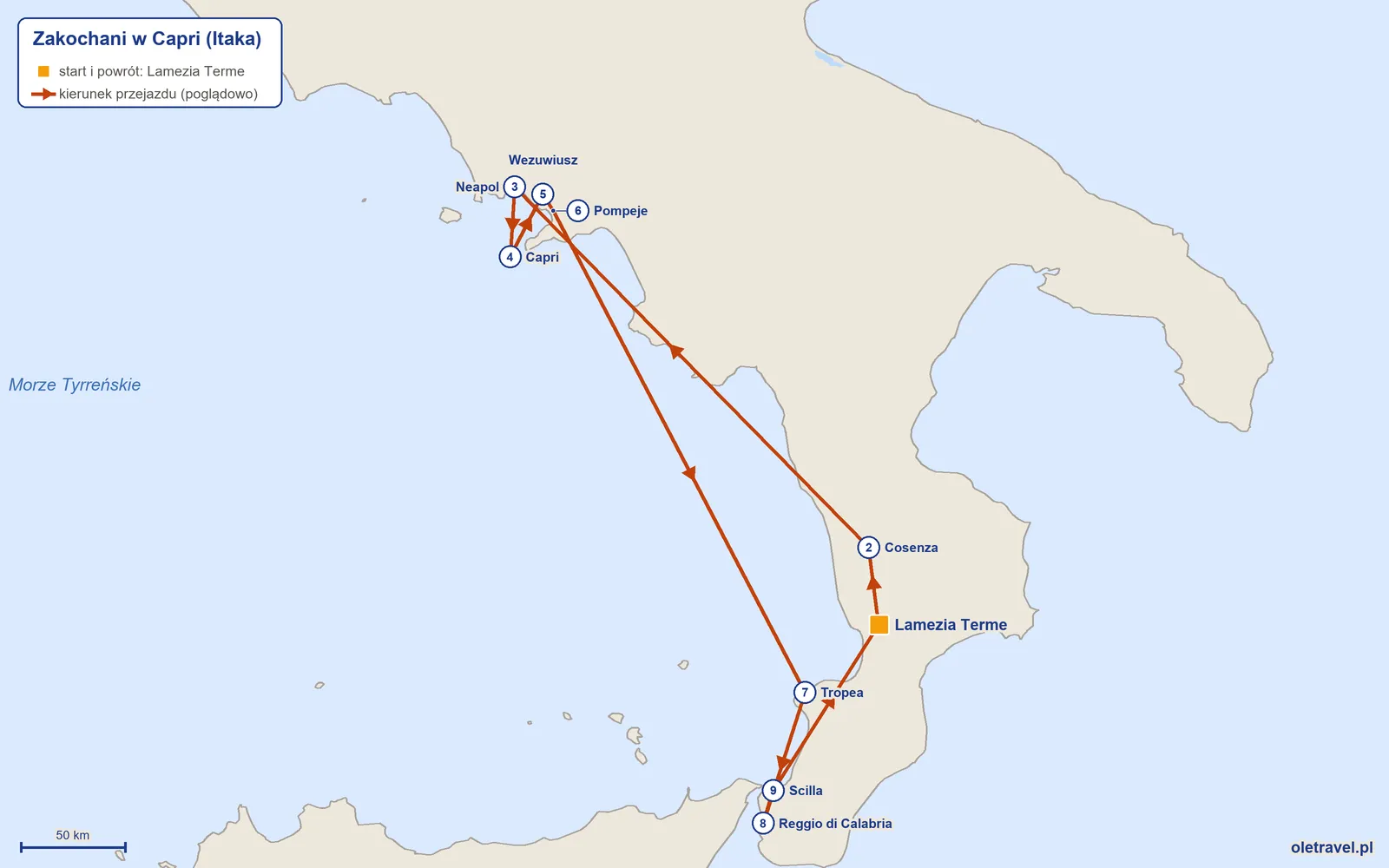 Mapa trasy wycieczki „Zakochani w Capri” z Itaką: Lamezia Terme – Cosenza – Neapol – Capri – Wezuwiusz – Pompeje – Tropea – Reggio di Calabria – Scilla – Lamezia Terme