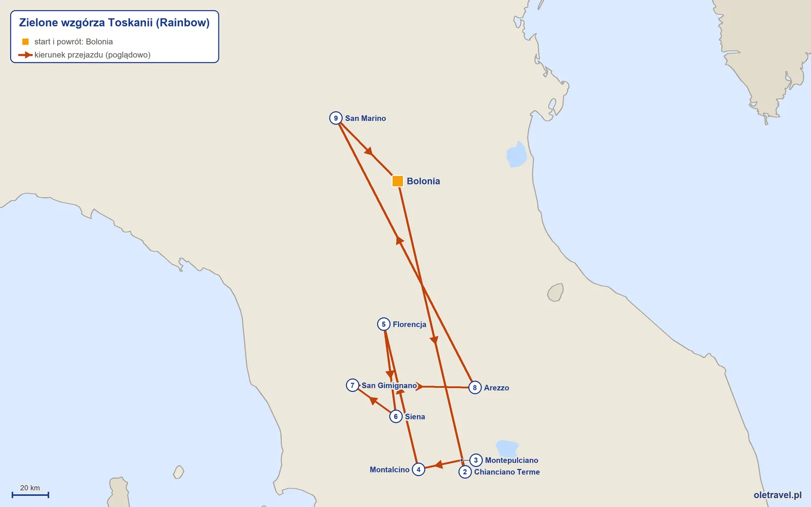 Mapa trasy wycieczki „Zielone wzgórza Toskanii” z Rainbow: Bolonia – Chianciano Terme – Montepulciano – Montalcino – Florencja – Siena – San Gimignano – Arezzo – San Marino – Bolonia