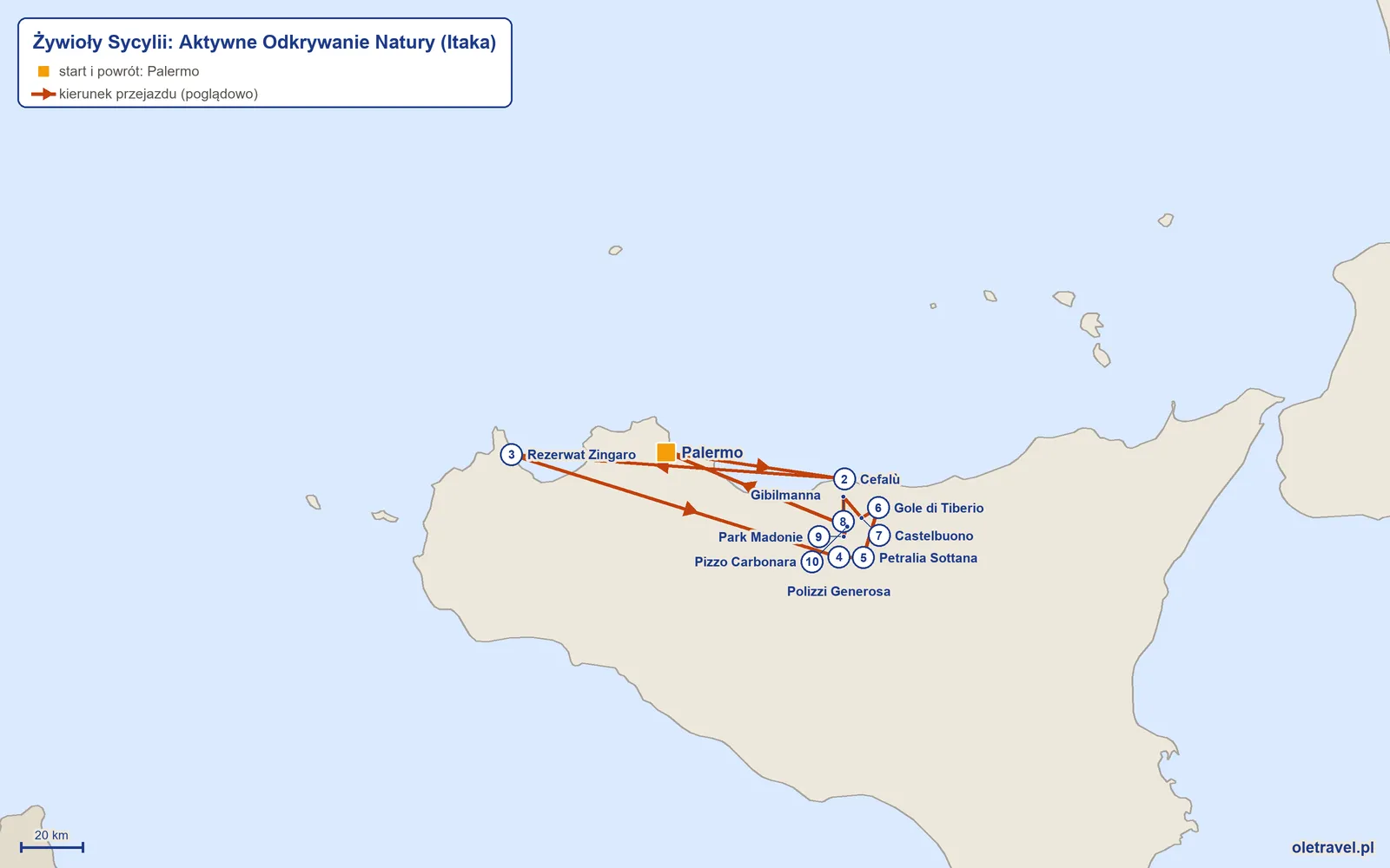 Mapa trasy wycieczki „Żywioły Sycylii: Aktywne Odkrywanie Natury” z Itaką: Palermo – Cefalù – Rezerwat Zingaro – Polizzi Generosa – Petralia Sottana – Gole di Tiberio – Castelbuono – Gibilmanna – Park Madonie – Pizzo Carbonara – Palermo