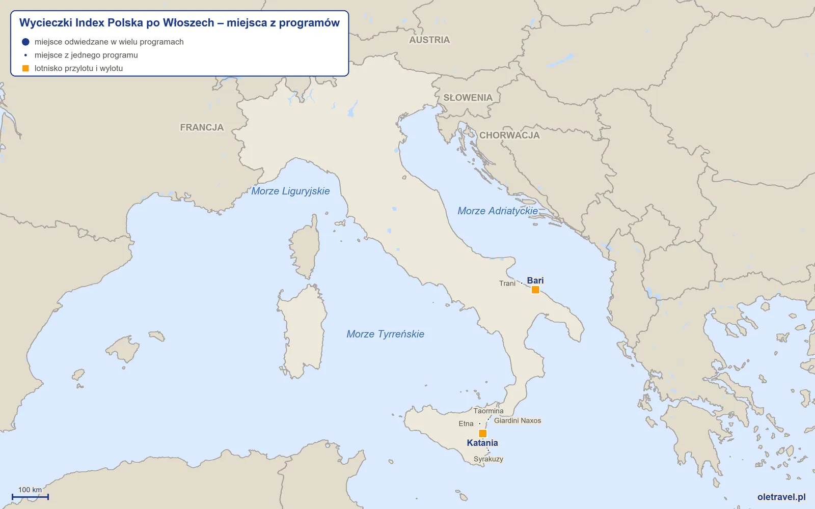 Mapa: Włochy z miejscami z programów wycieczek objazdowych Index Polska