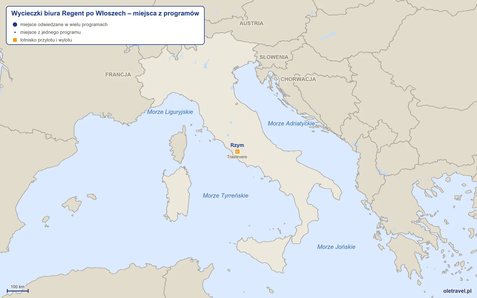 Mapa: Włochy z miejscami z programów wycieczek objazdowych biura Regent