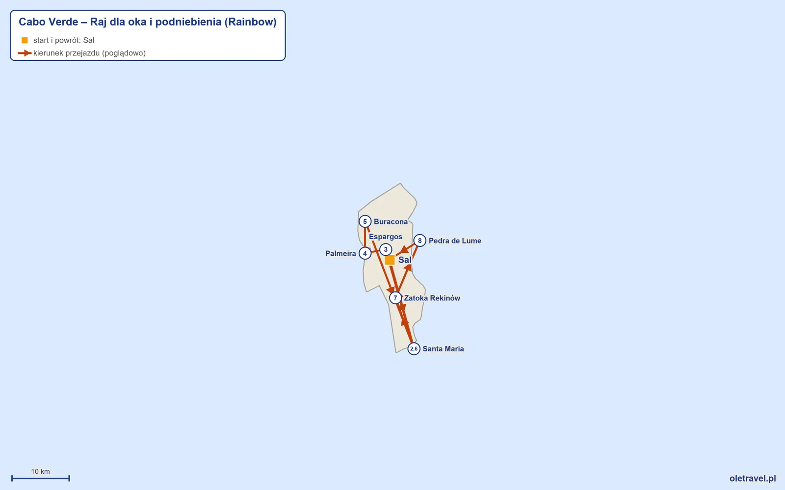 Mapa trasy wycieczki „Cabo Verde – Raj dla oka i podniebienia” z Rainbow: Sal – Santa Maria – Espargos – Palmeira – Buracona – Santa Maria – Zatoka Rekinów – Pedra de Lume – Sal