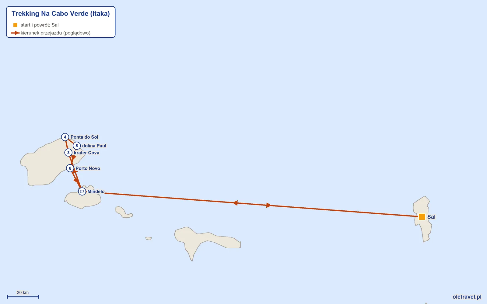 Mapa trasy wycieczki „Trekking Na Cabo Verde” z Itaką: Sal – Mindelo – krater Cova – Ponta do Sol – dolina Paul – Porto Novo – Mindelo – Sal