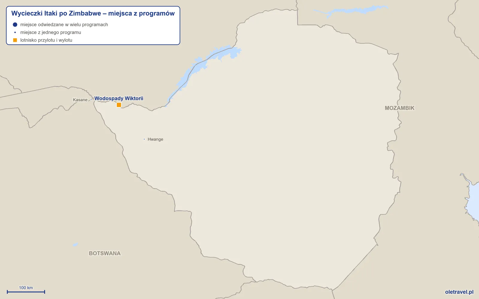 Mapa: Zimbabwe z miejscami z programów wycieczek objazdowych Itaki