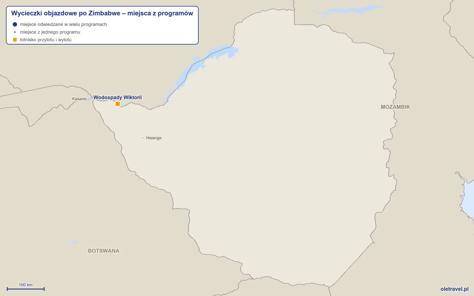 Mapa: Zimbabwe z miejscami odwiedzanymi na wycieczkach objazdowych z naszej oferty